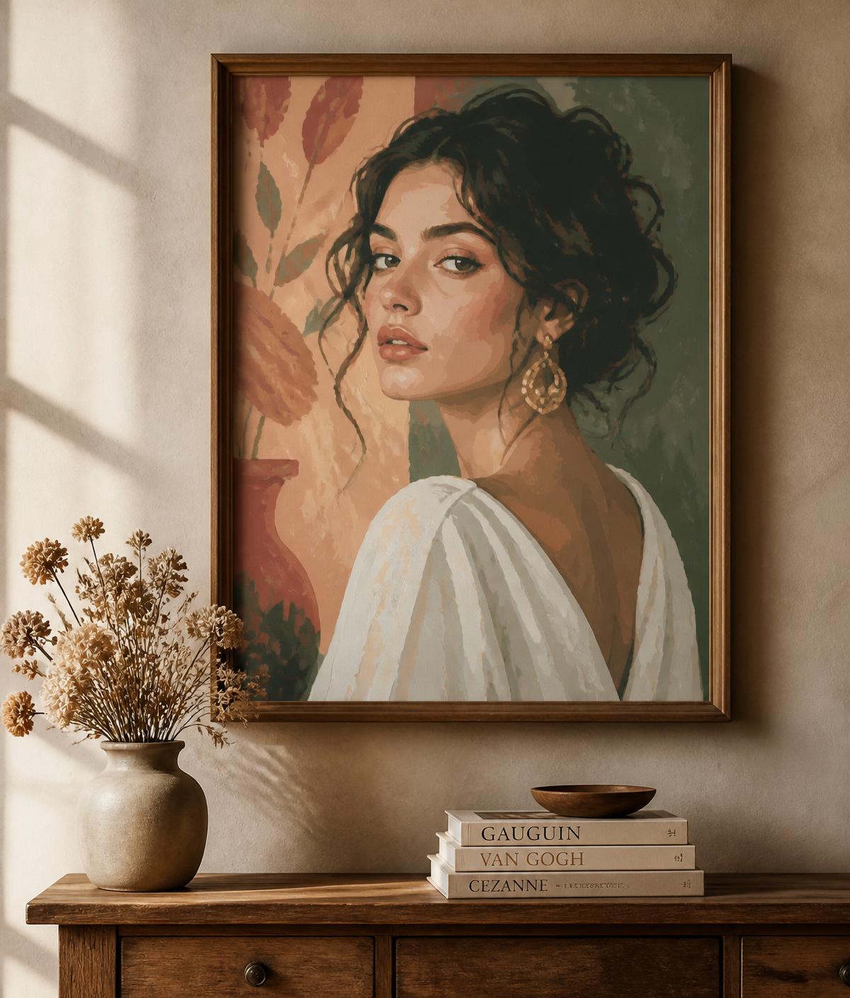 A finished paint-by-numbers portrait framed above a wooden console with dried flowers and art books.
