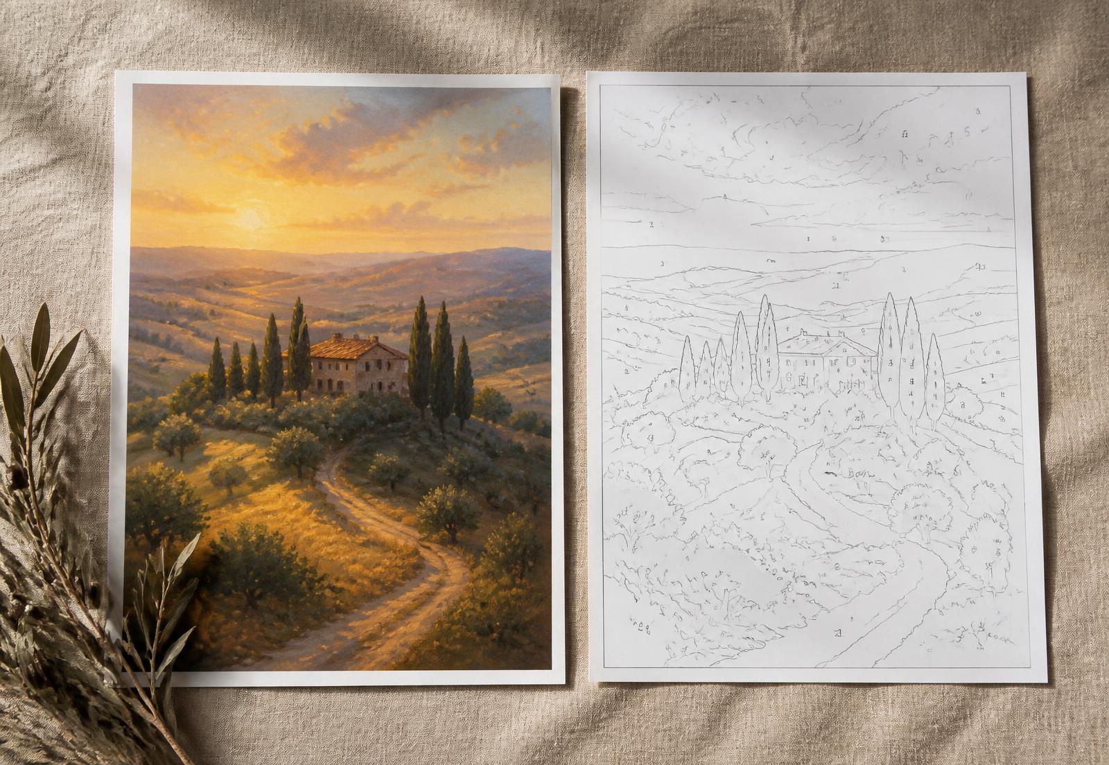 A Tuscan landscape painted at golden hour beside its paint-by-numbers template with numbered outlines.
