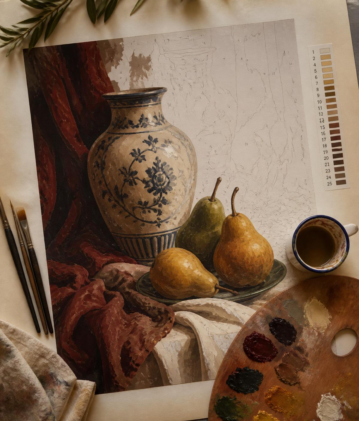 A classical still life of a ceramic vase and pears being painted, with a wooden palette and color legend.